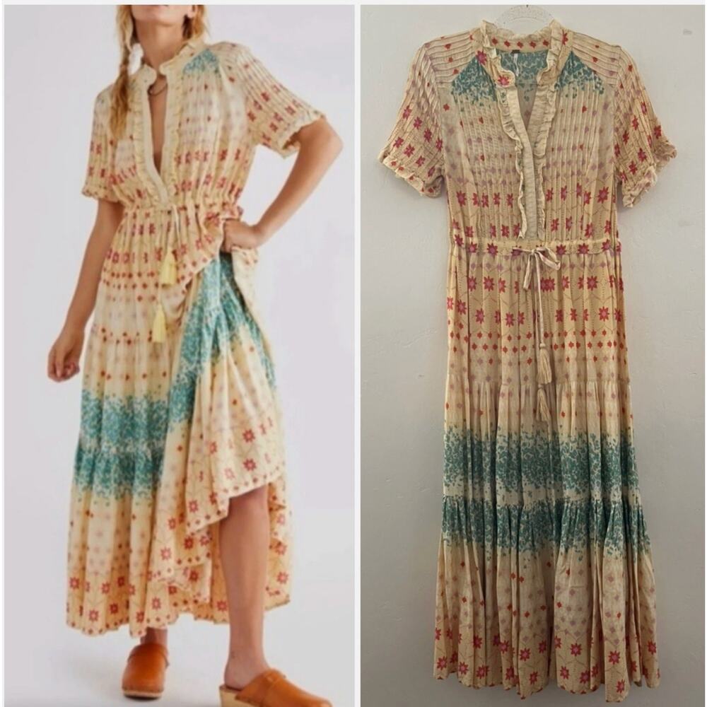 $148 Free People Rare Feeling Cloud Combo Printed Tiered Maxi Dress M